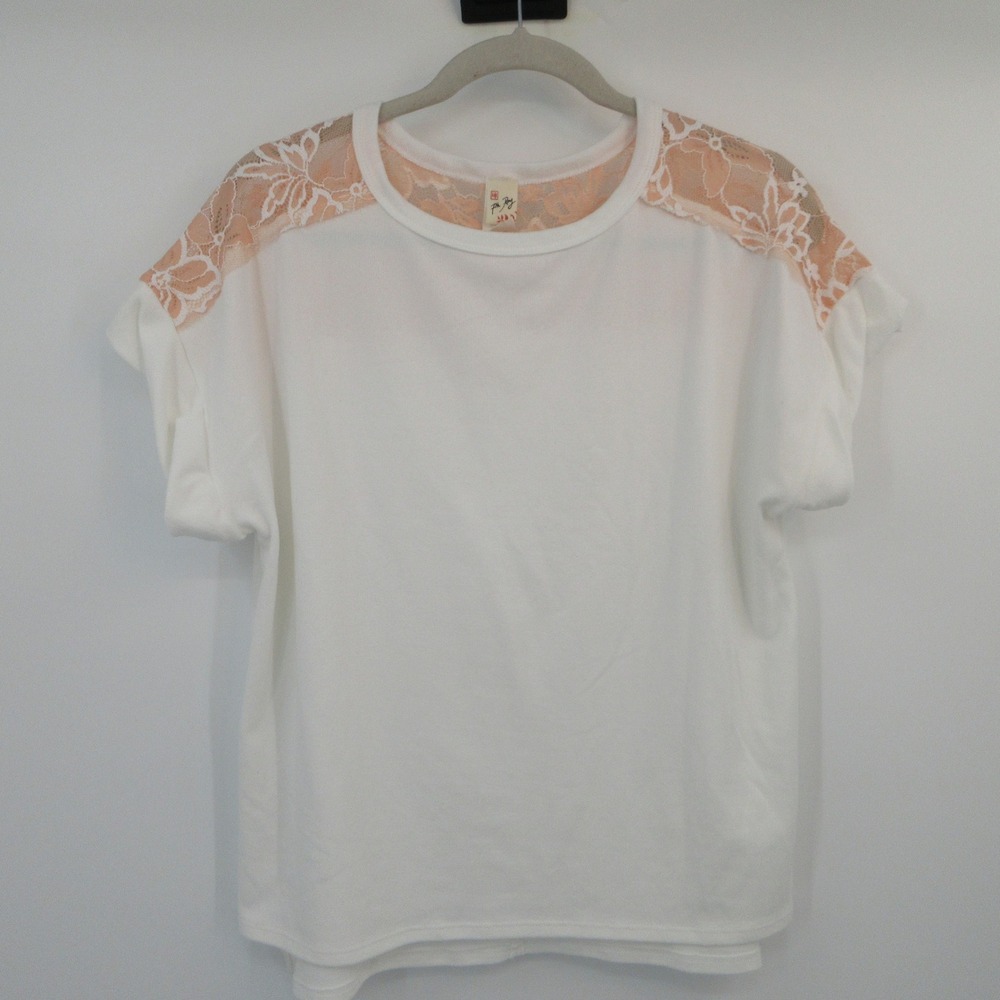 7th Ray Womens White Lace Shoulder Short Sleeve Top T-5483 Medium